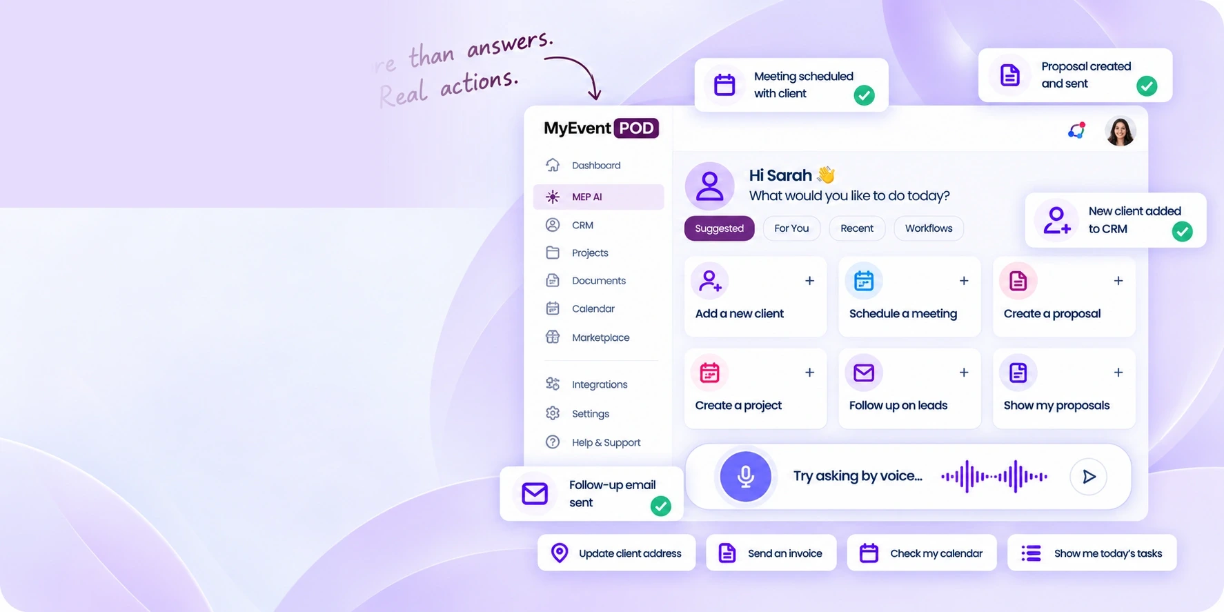 MEP AI business assistant dashboard with voice actions and quick workflows