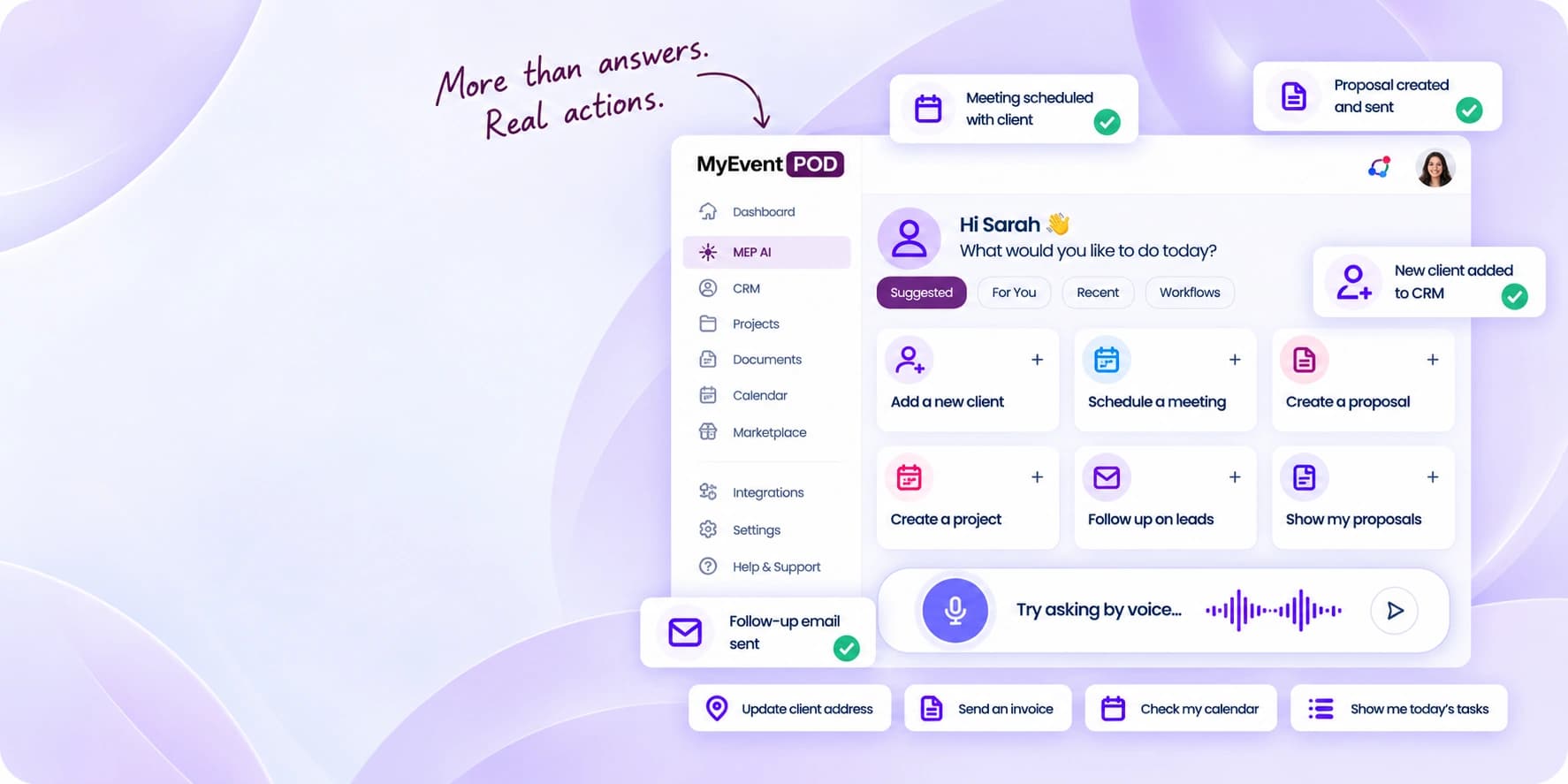 MEP AI business assistant dashboard with voice actions and quick workflows