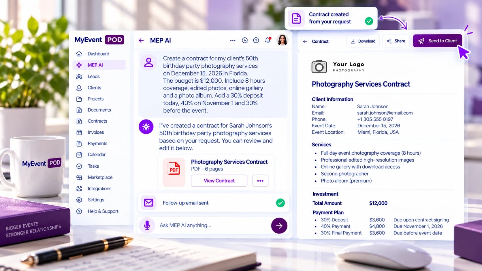 MEP AI creating a photography services contract with live document preview