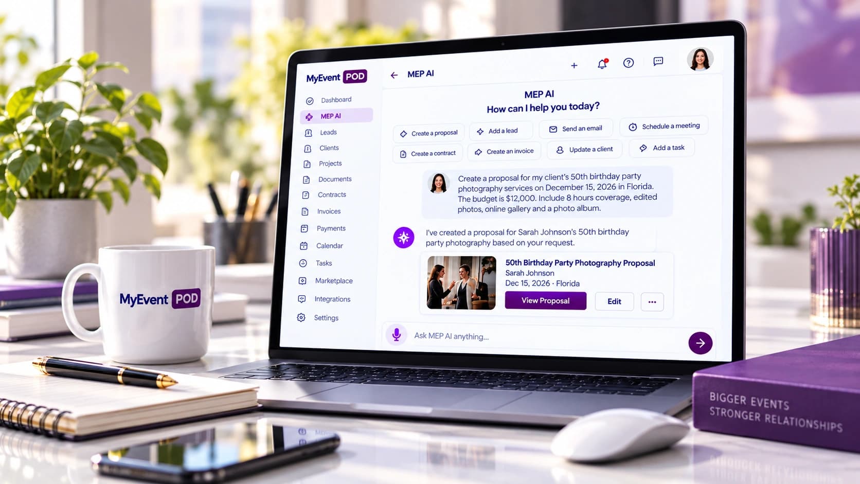 MEP AI CRM software on a laptop in a workspace for small businesses