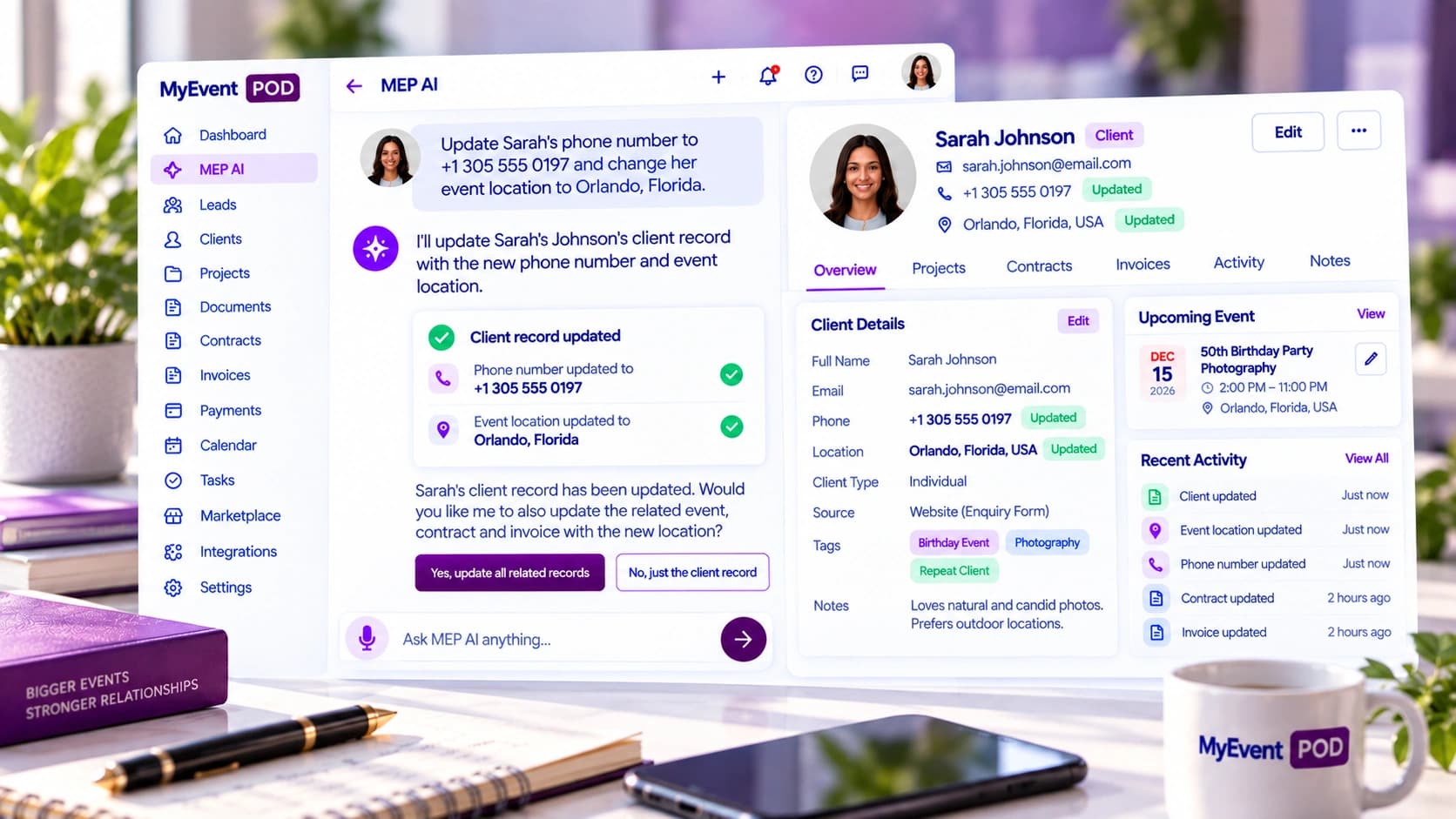 Client profile and recent activity in My Event Pod CRM with MEP AI