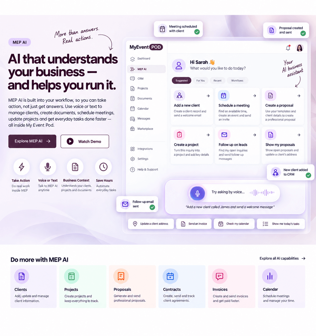 MEP AI dashboard showing voice and action-based business workflows